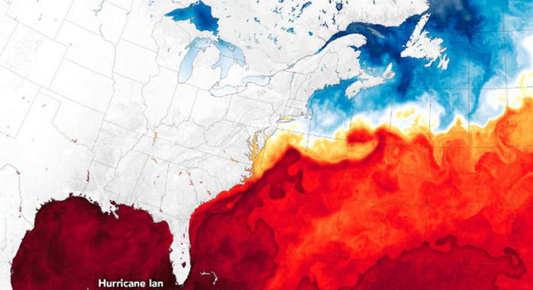 Imagen de la NASA mostrando la temperatura del agua del mar en la zona de formación del huracán Ian.